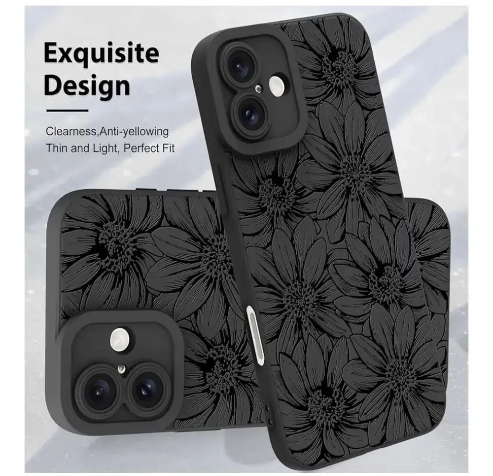 MZELQ Matte Black Silicone Case with Pressed Sunflower Floral Pattern for iPhone